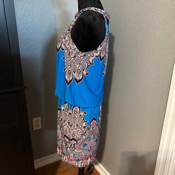 Maggy L Blue Paisley Halter Dress Size 6 Sleeveless Keyhole Back Boho Cocktail - Picture 3 of 8